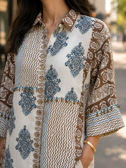 White Free-Style Block Print Shirt with Coin Tassels & Sequin Placket in Mul Chanderi