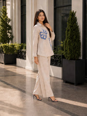 Beige Co-ord Set with Hibiscus Appliqué & Beaded Embroidery in Linen Blend