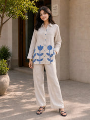 Beige Co-ord Set with Multilayer Flower Appliqué & White Stitch Detailing in Linen Blend