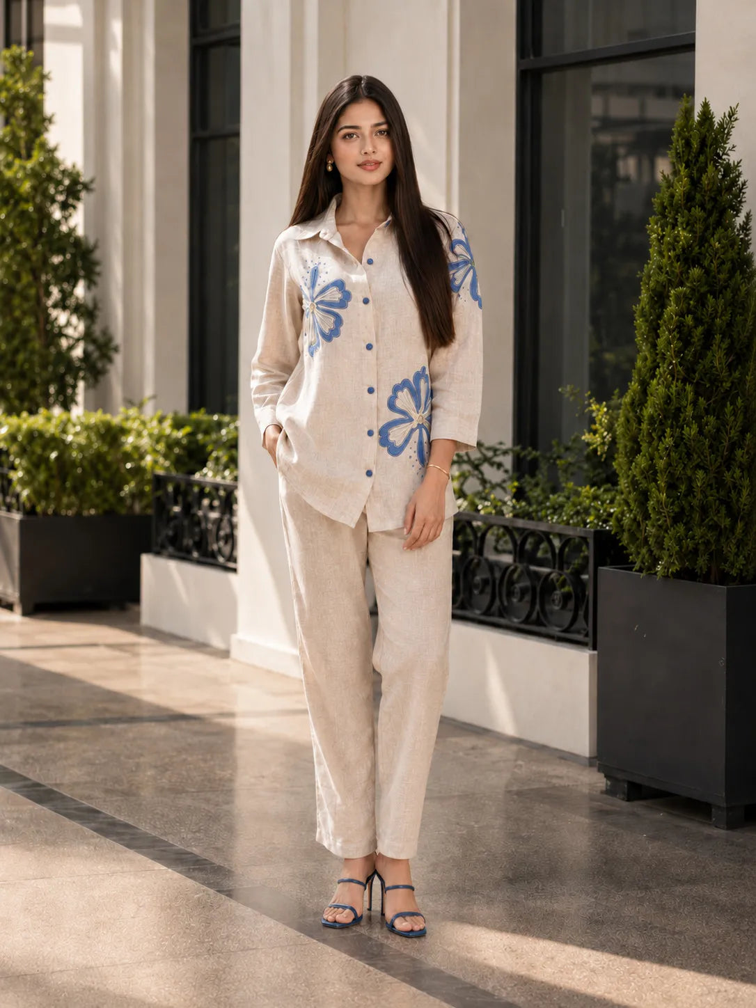 Beige Co-ord Set with Hibiscus Appliqué & Beaded Embroidery in Linen Blend