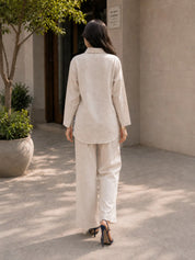 Beige Co-ord Set with Multilayer Flower Appliqué & White Stitch Detailing in Linen Blend