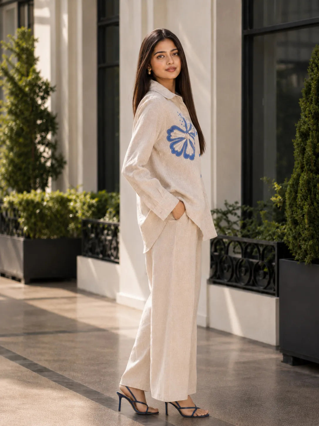 Beige Co-ord Set with Hibiscus Appliqué & Beaded Embroidery in Linen Blend