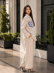 Beige Co-ord Set with Hibiscus Appliqué & Beaded Embroidery in Linen Blend