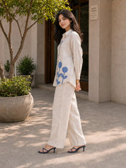 Beige Co-ord Set with Multilayer Flower Appliqué & White Stitch Detailing in Linen Blend