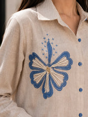 Beige Co-ord Set with Hibiscus Appliqué & Beaded Embroidery in Linen Blend