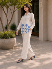 Beige Co-ord Set with Multilayer Flower Appliqué & White Stitch Detailing in Linen Blend