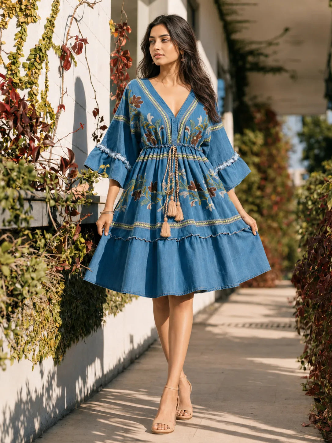 cotton denim dress Fitted Stretch Akris Inc a pretty pintucked bodice Blue Embroidered Cotton Denim Dress