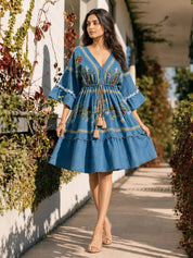 Blue Embroidered Dress with Tassel Drawstrings & Lace-Trim Sleeves in Cotton Denim