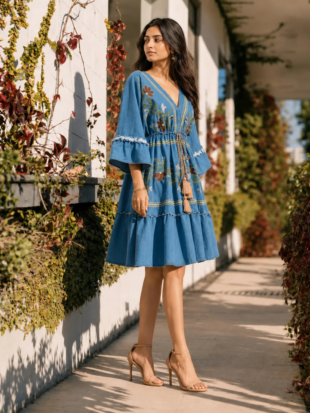 Blue Embroidered Dress with Tassel Drawstrings & Lace-Trim Sleeves in Cotton Denim