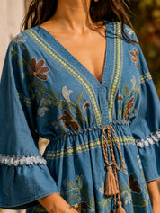 Blue Embroidered Dress with Tassel Drawstrings & Lace-Trim Sleeves in Cotton Denim