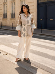 White Free-Style Block Print Shirt with Coin Tassels, Sequin Placket & Slip in Mul Chanderi
