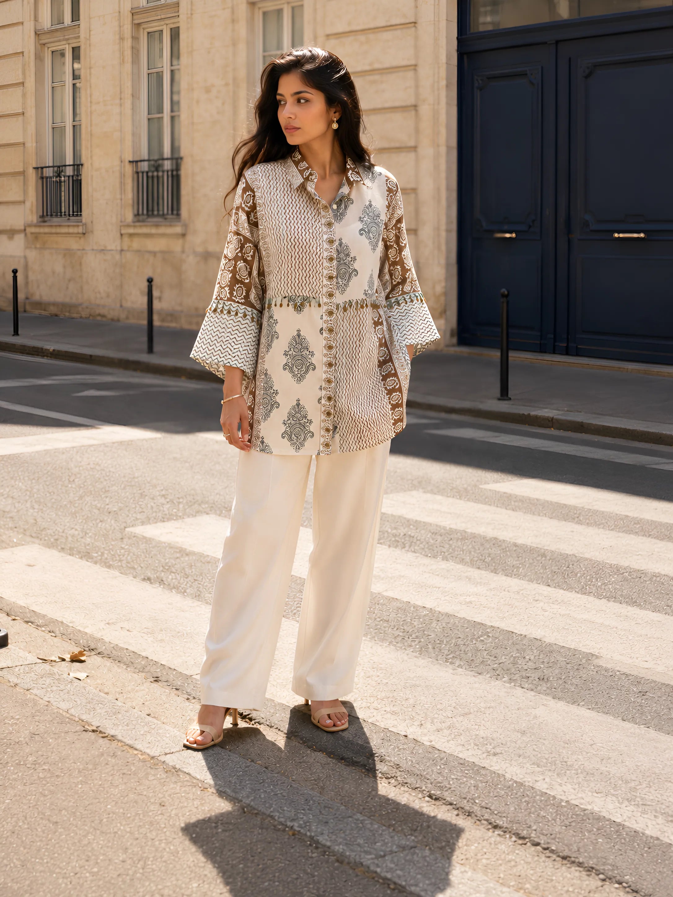 White Free-Style Block Print Shirt with Coin Tassels, Sequin Placket & Slip in Mul Chanderi