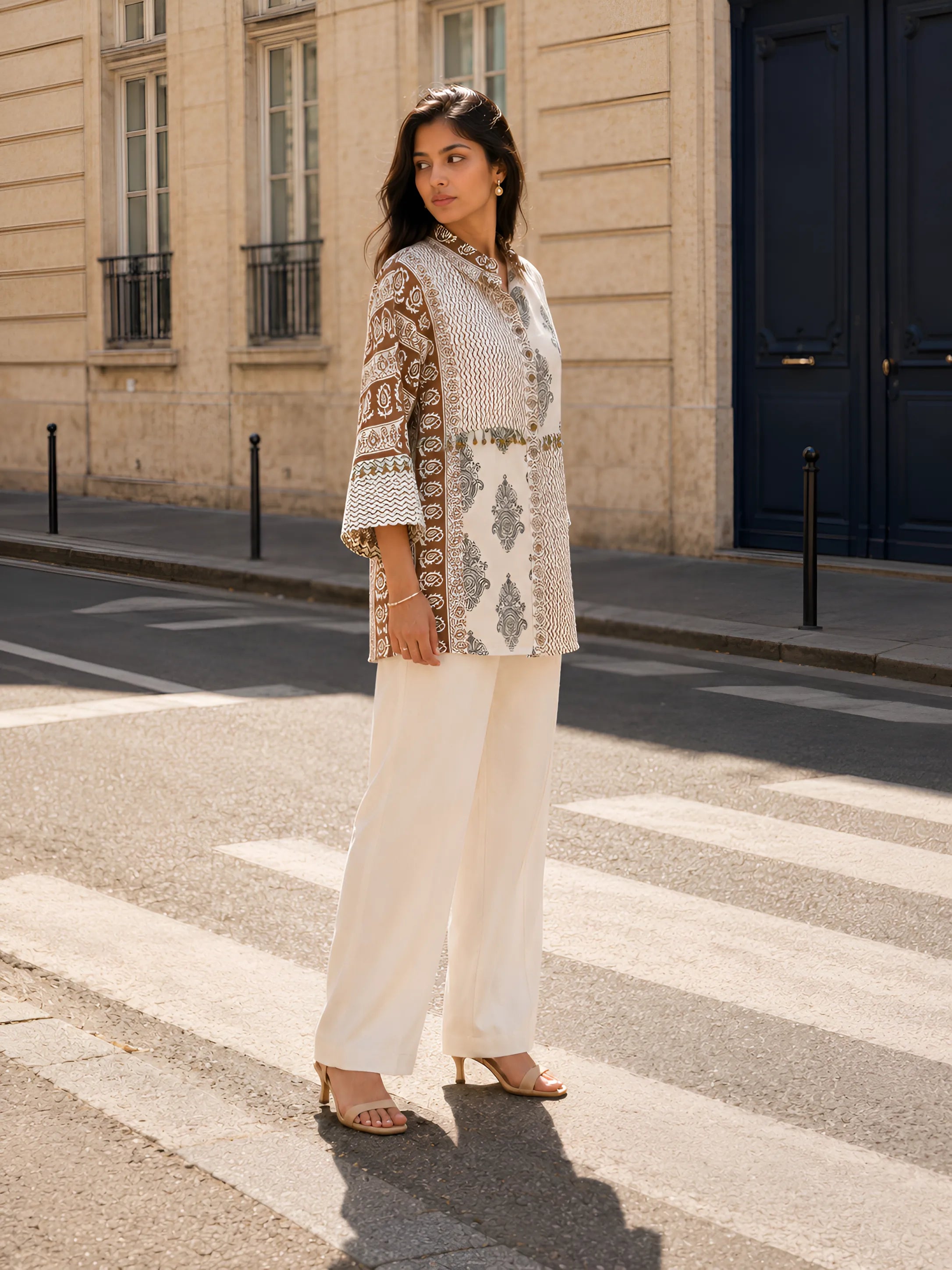 White Free-Style Block Print Shirt with Coin Tassels, Sequin Placket & Slip in Mul Chanderi