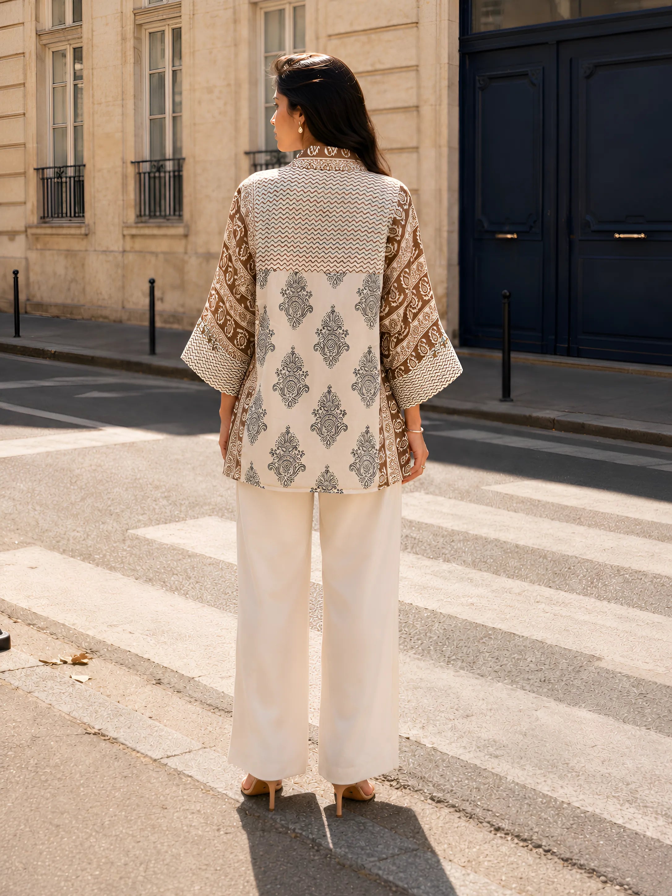 White Free-Style Block Print Shirt with Coin Tassels, Sequin Placket & Slip in Mul Chanderi