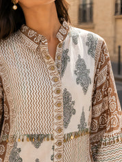 White Free-Style Block Print Shirt with Coin Tassels, Sequin Placket & Slip in Mul Chanderi