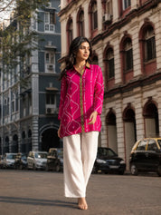 Hot Pink Bandhani Print Shirt with Statement Floral Back Panel in Muslin