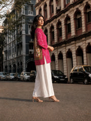 Hot Pink Bandhani Print Shirt with Statement Floral Back Panel in Muslin