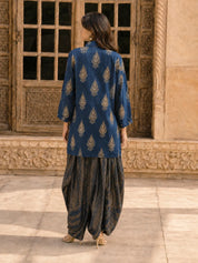 Indigo & Olive Grey Block Print Co-ord Set with Tulip Skirt in Muslin