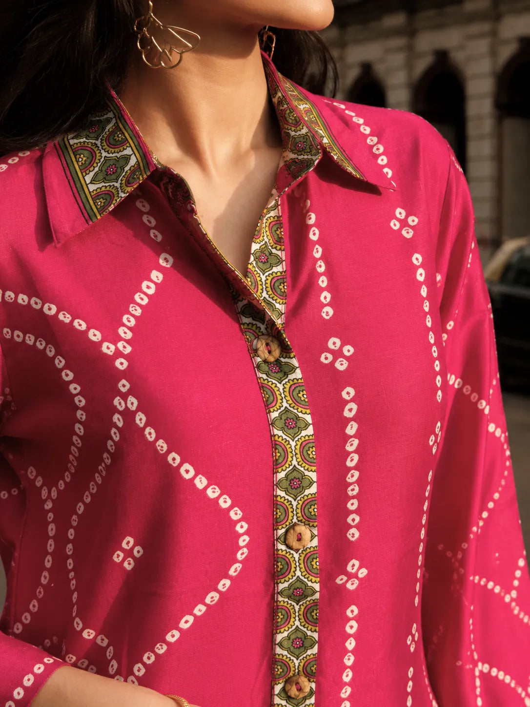 Hot Pink Bandhani Print Shirt with Statement Floral Back Panel in Muslin