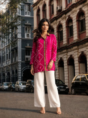 Hot Pink Bandhani Print Shirt with Statement Floral Back Panel in Muslin