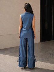 Blue Sleeveless Zip-Front Co-ord Set with Contrast Tie Panels in Cotton Denim