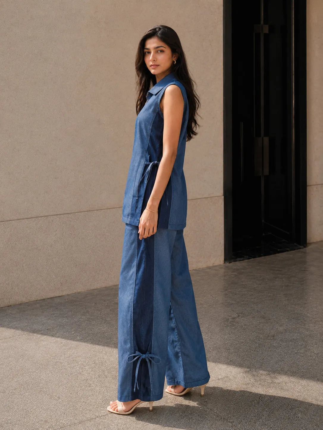 Blue Sleeveless Zip-Front Co-ord Set with Contrast Tie Panels in Cotton Denim