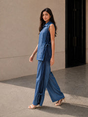 Blue Sleeveless Zip-Front Co-ord Set with Contrast Tie Panels in Cotton Denim