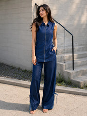 Dark Blue Sleeveless Zip-Front Co-ord Set with Contrast Tie Panels in Cotton Denim