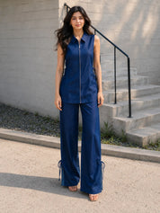 Dark Blue Sleeveless Zip-Front Co-ord Set with Contrast Tie Panels in Cotton Denim