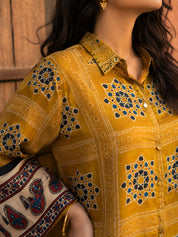 Mustard Yellow Geometric Printed Shirt with Sequin Collar & Paisley Sleeves in Crepe