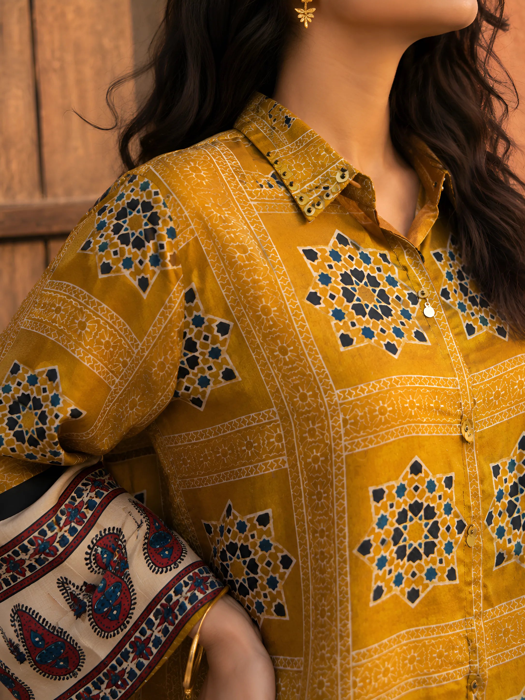 Mustard Yellow Geometric Printed Shirt with Sequin Collar & Paisley Sleeves in Crepe