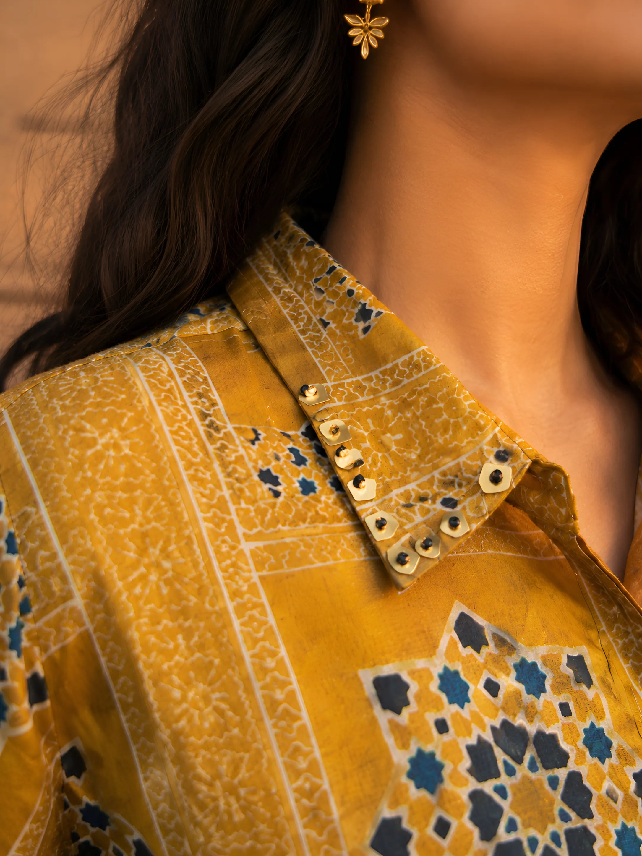 Mustard Yellow Geometric Printed Shirt with Sequin Collar & Paisley Sleeves in Crepe