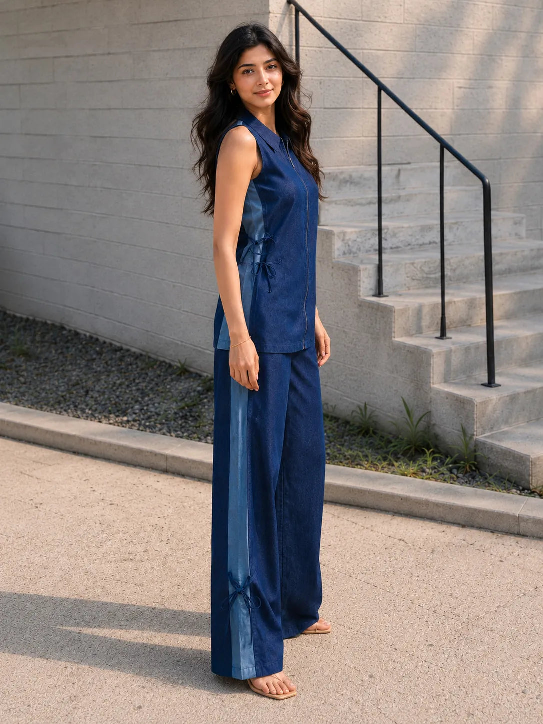 Dark Blue Sleeveless Zip-Front Co-ord Set with Contrast Tie Panels in Cotton Denim