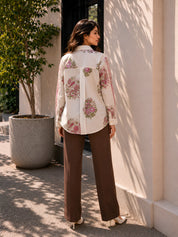 White Pink Floral Block Print Shirt with Lace Yoke & Lace-Trimmed Placket in Cotton