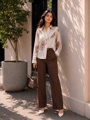 White Pink Floral Block Print Shirt with Lace Yoke & Lace-Trimmed Placket in Cotton