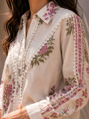 White Pink Floral Block Print Shirt with Lace Yoke & Lace-Trimmed Placket in Cotton