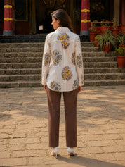White Yellow Floral Block Print Shirt with Lace Yoke & Lace-Trimmed Placket in Cotton