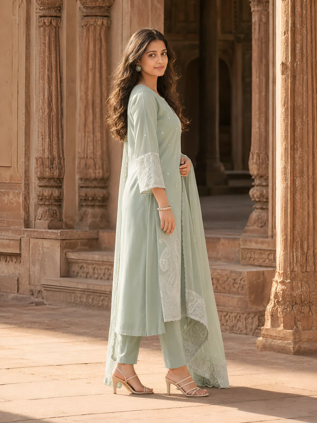 Sage Green Paisley Embroidery Organza Ethnic Set With Dupatta