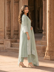 Sage Green Paisley Embroidery Organza Ethnic Set With Dupatta
