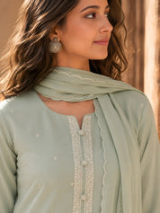 Sage Green Paisley Embroidery Organza Ethnic Set With Dupatta