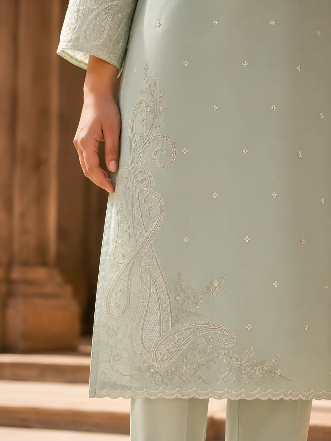 Sage Green Paisley Embroidery Organza Ethnic Set With Dupatta