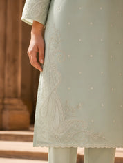 Sage Green Paisley Embroidery Organza Ethnic Set With Dupatta
