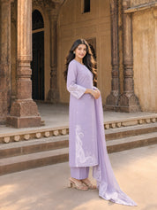 Lilac Paisley Embroidery Organza Ethnic Set With Dupatta