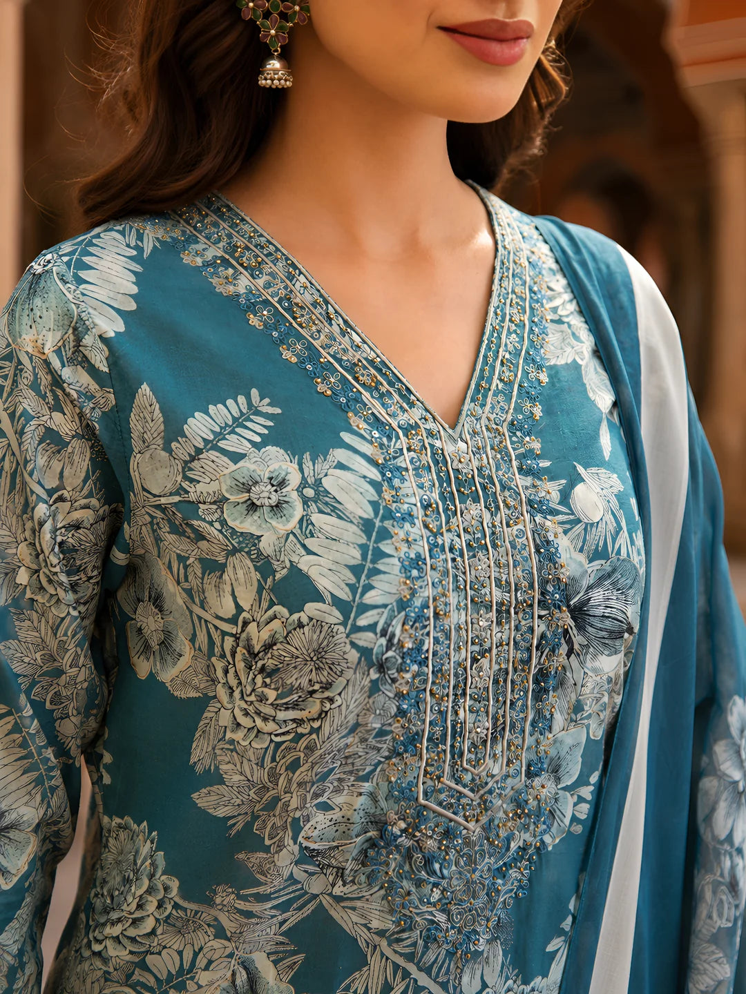 Blue Turquoise Floral Printed Ethnic German Rayon Set with dupatta
