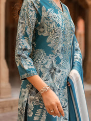 Blue Turquoise Floral Printed Ethnic German Rayon Set with dupatta
