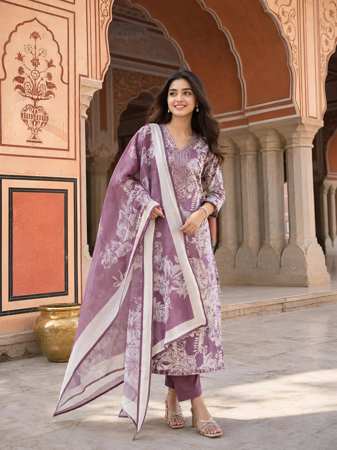 Dark Mauve Floral Printed Ethnic German Rayon Set with dupatta
