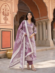Dark Mauve Floral Printed Ethnic German Rayon Set with dupatta