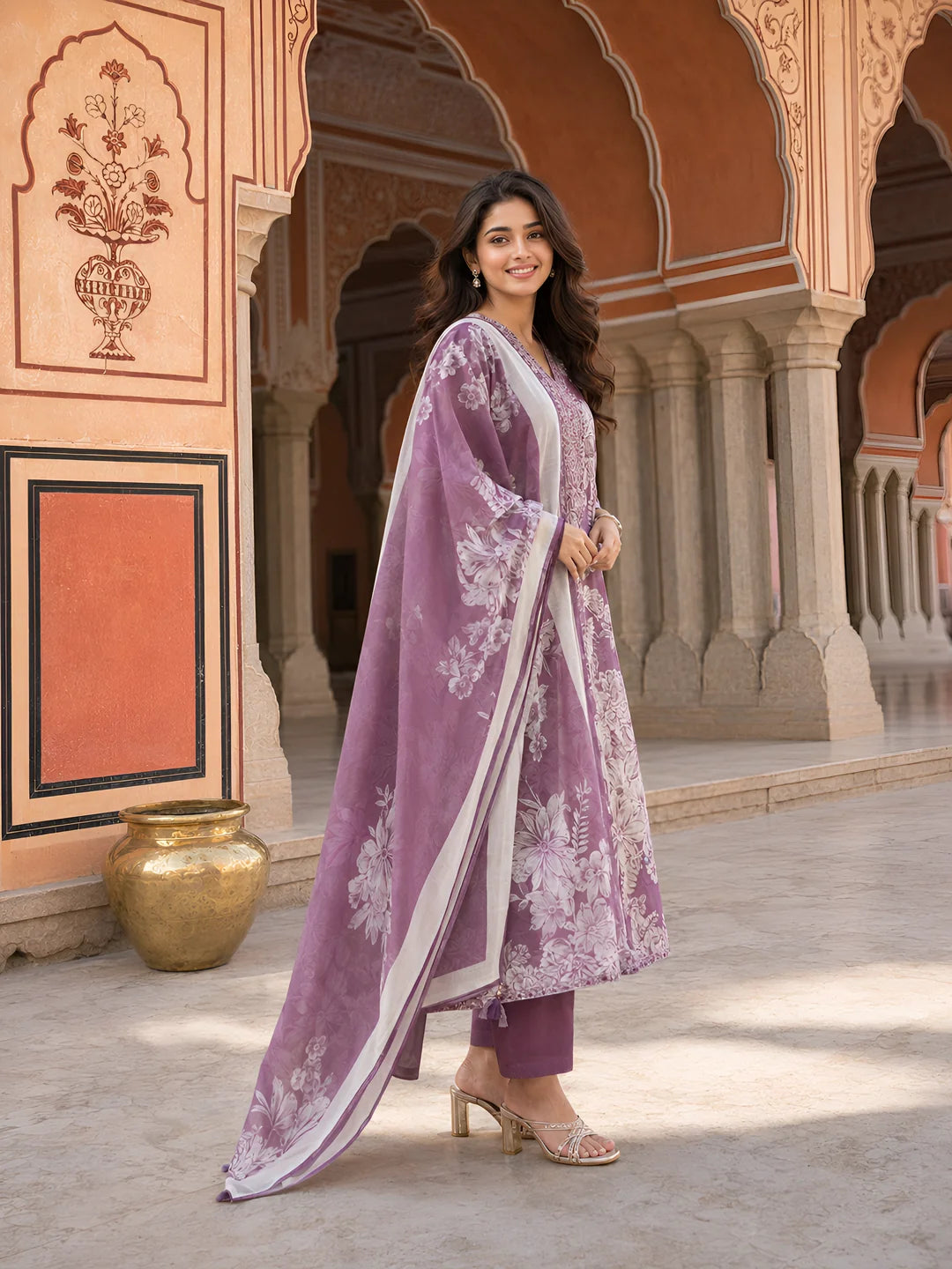 Dark Mauve Floral Printed Ethnic German Rayon Set with dupatta