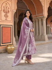 Dark Mauve Floral Printed Ethnic German Rayon Set with dupatta