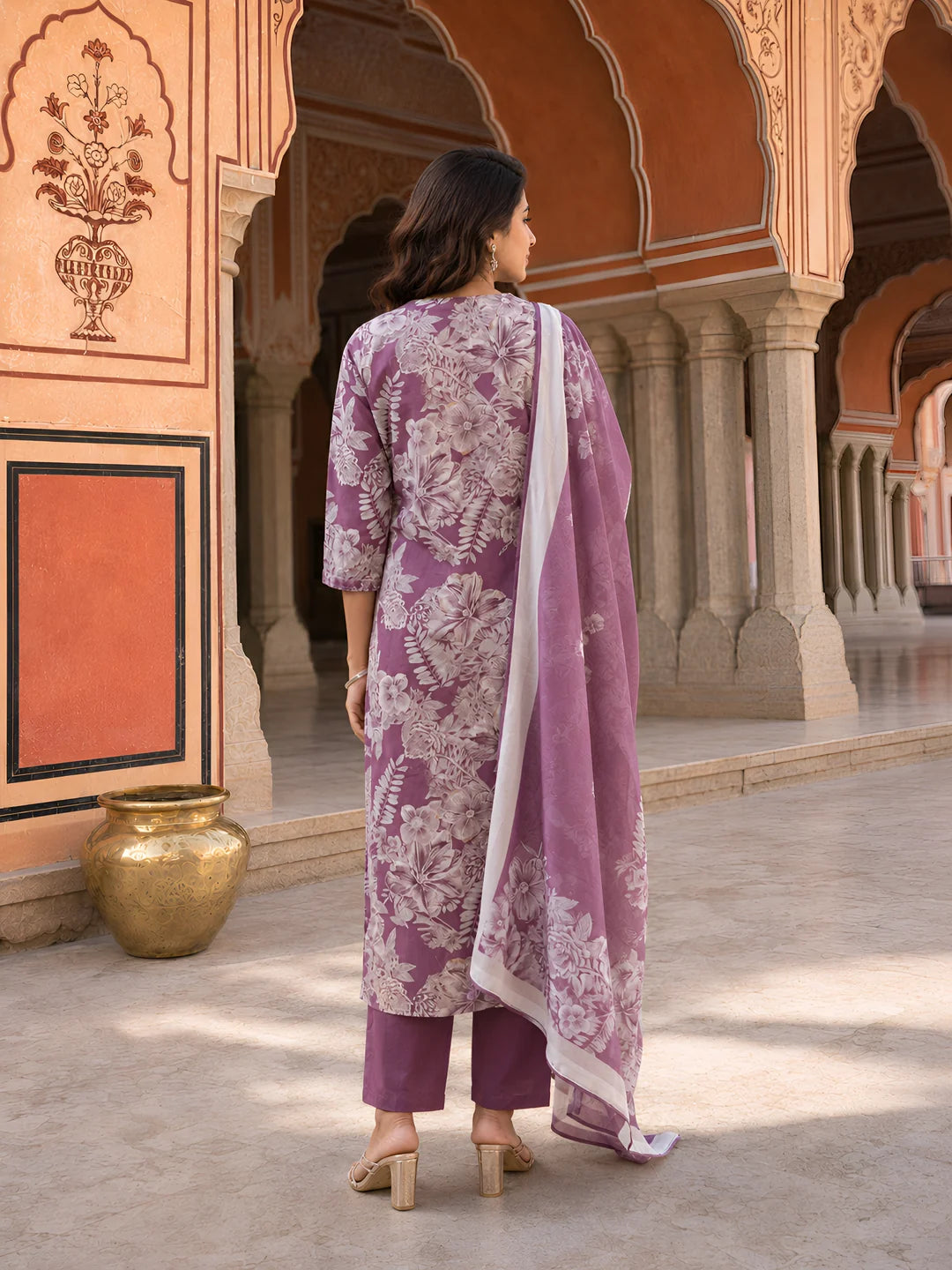 Dark Mauve Floral Printed Ethnic German Rayon Set with dupatta